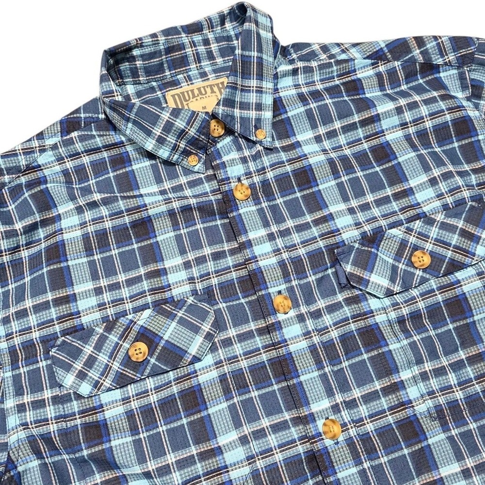 Duluth Trading Co Shirt Mens M Blue Plaid Polyester Ripstop Short Sleeve